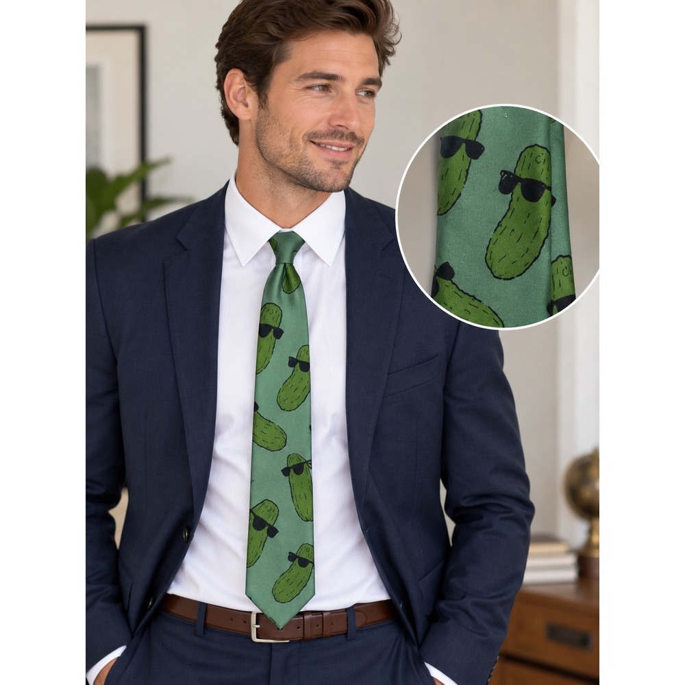 Dill With It Pickle Pun Necktie Sage Green Sunglasses Graphic Humor Tie
